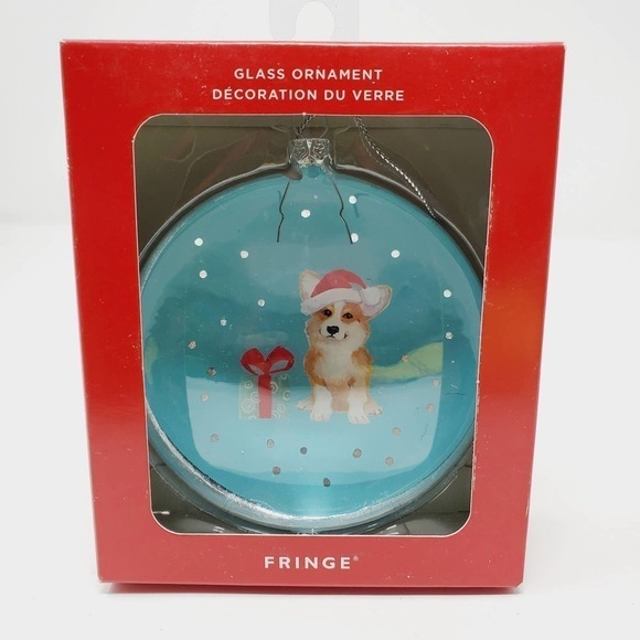Fringe Dog Wearing Santa Hat Glass Round Convex Christmas Ornament - Picture 1 of 3